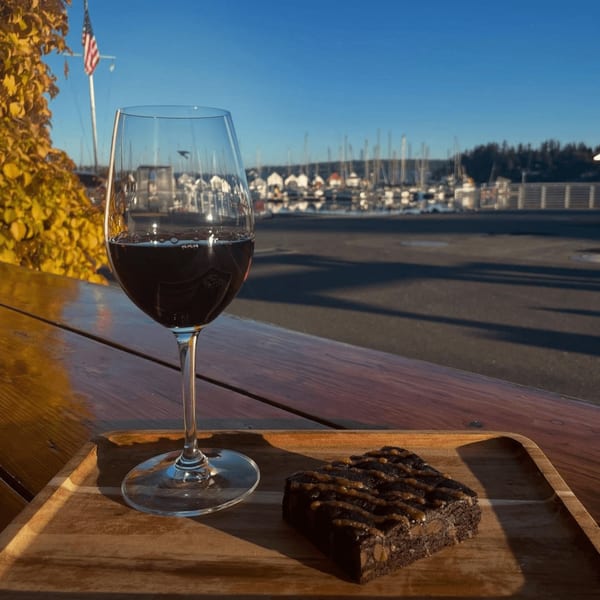 Red wine and a brownie with caramel drizzle on a wooden tray, overlooking a marina.
